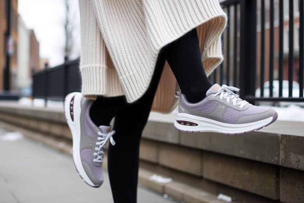 Woman wearing Hoka shoes with a cozy sweater dress and tights