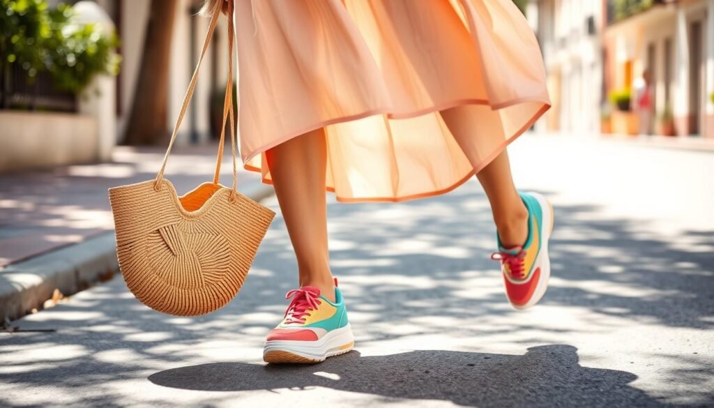 Woman wearing Hoka shoes with a summer dress and straw bag