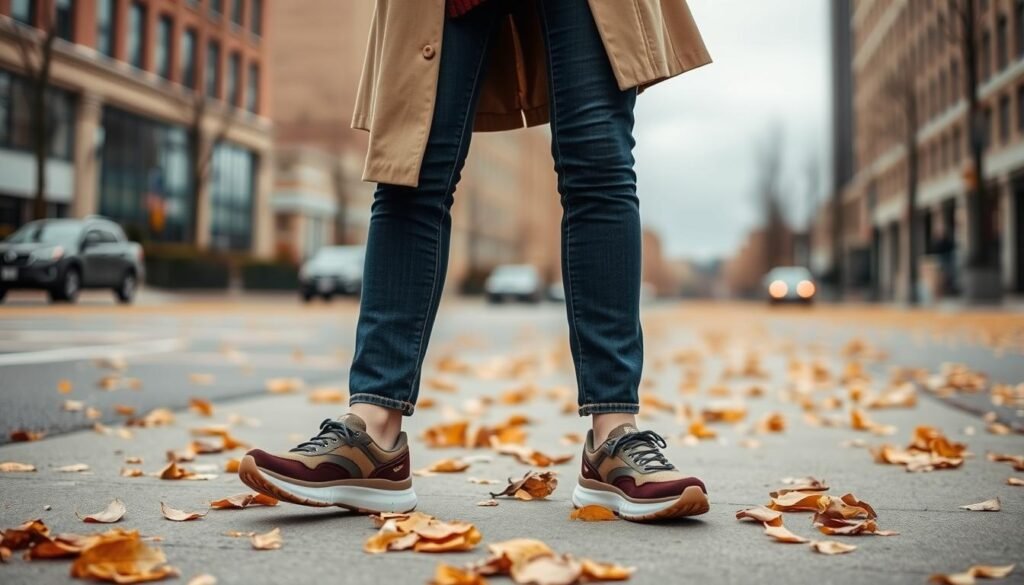 Woman wearing Hoka shoes with barrel jeans, a sweater, and a trench coat