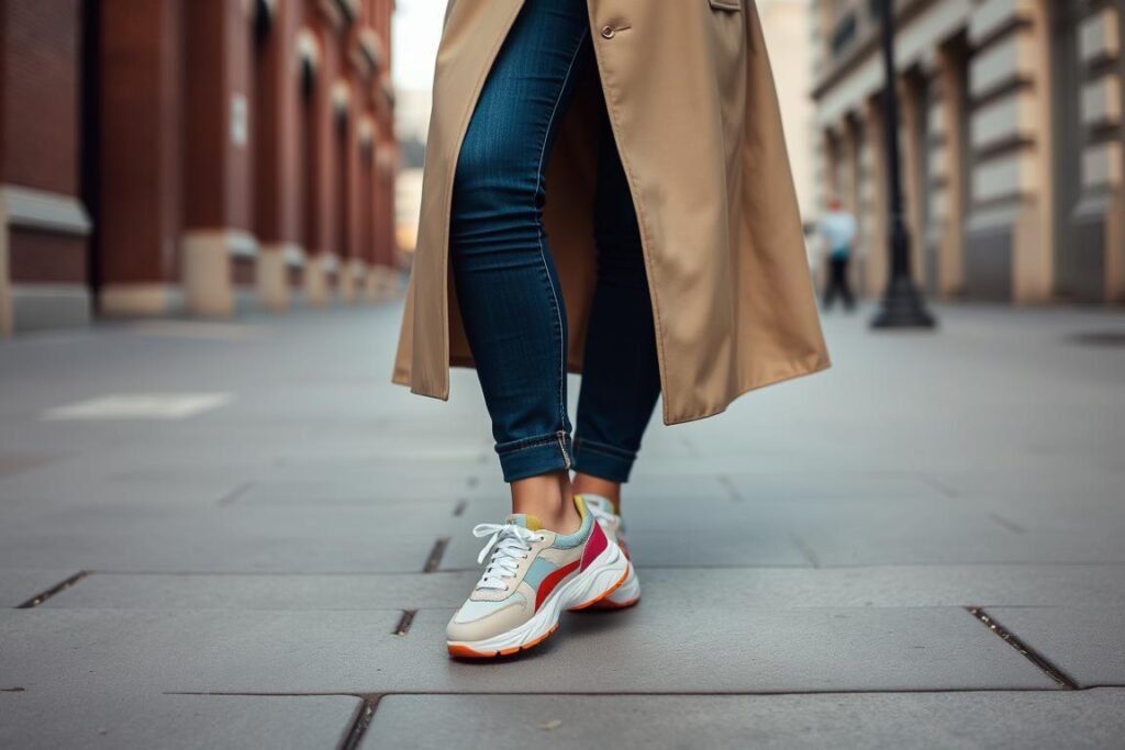 Woman wearing Hoka shoes with barrel jeans and a classic trench coat