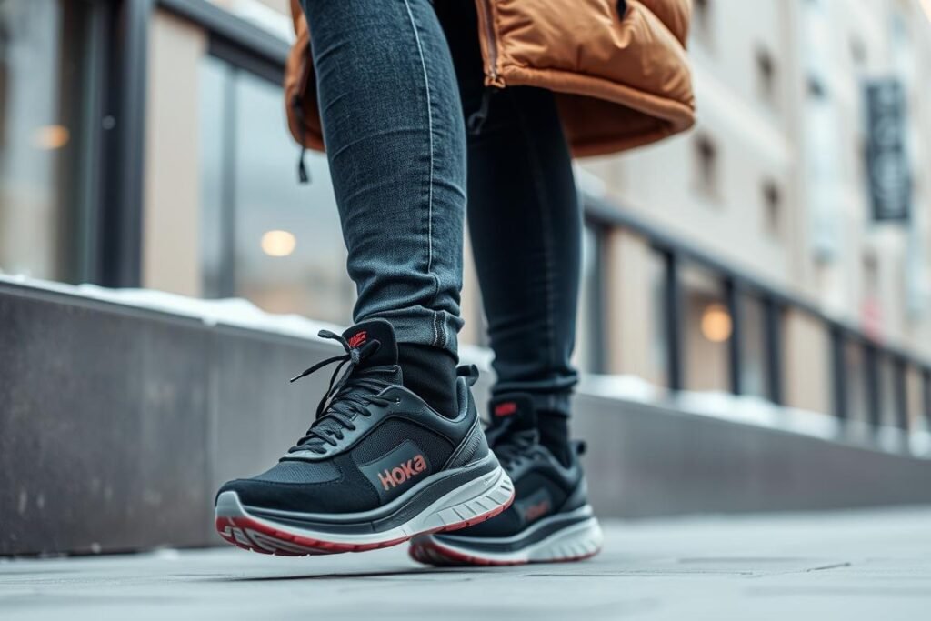 Woman wearing Hoka shoes with jeans and a puffer jacket