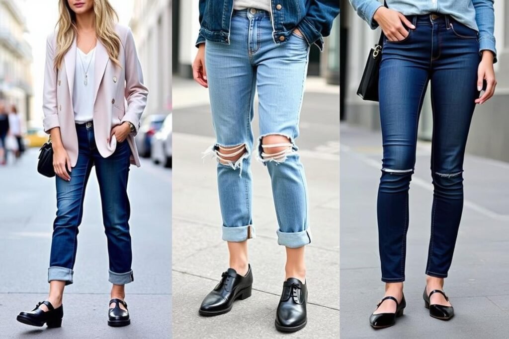 Woman wearing Mary Jane shoes with different styles of jeans
