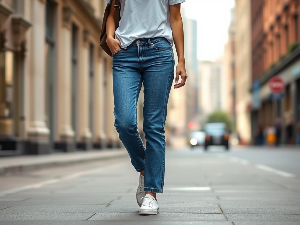 Woman wearing On Cloud shoes with straight-leg jeans and a simple white t-shirt for a casual on cloud shoes outfit Woman wearing On Cloud shoes with straight-leg jeans and a simple white t-shirt for a casual on cloud shoes outfit