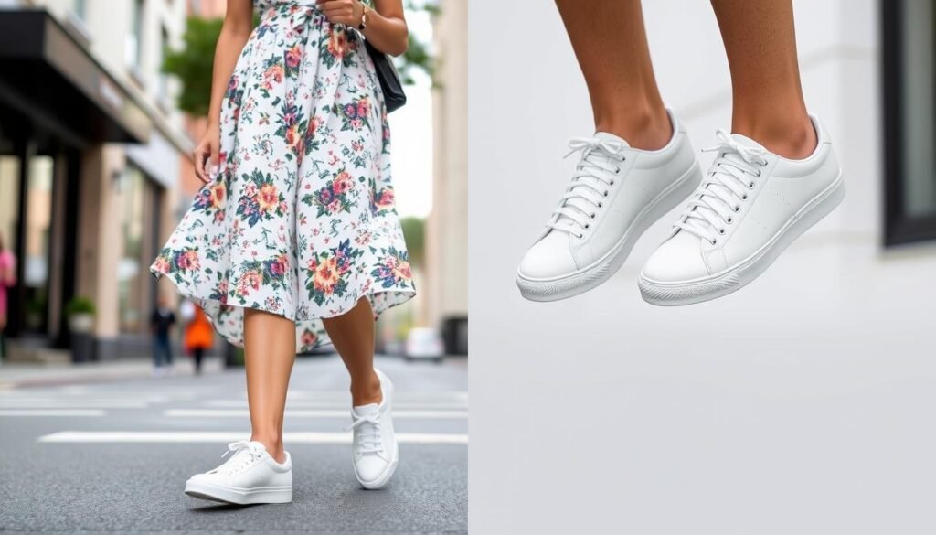 Woman wearing a midi dress with white tennis shoes in an urban setting