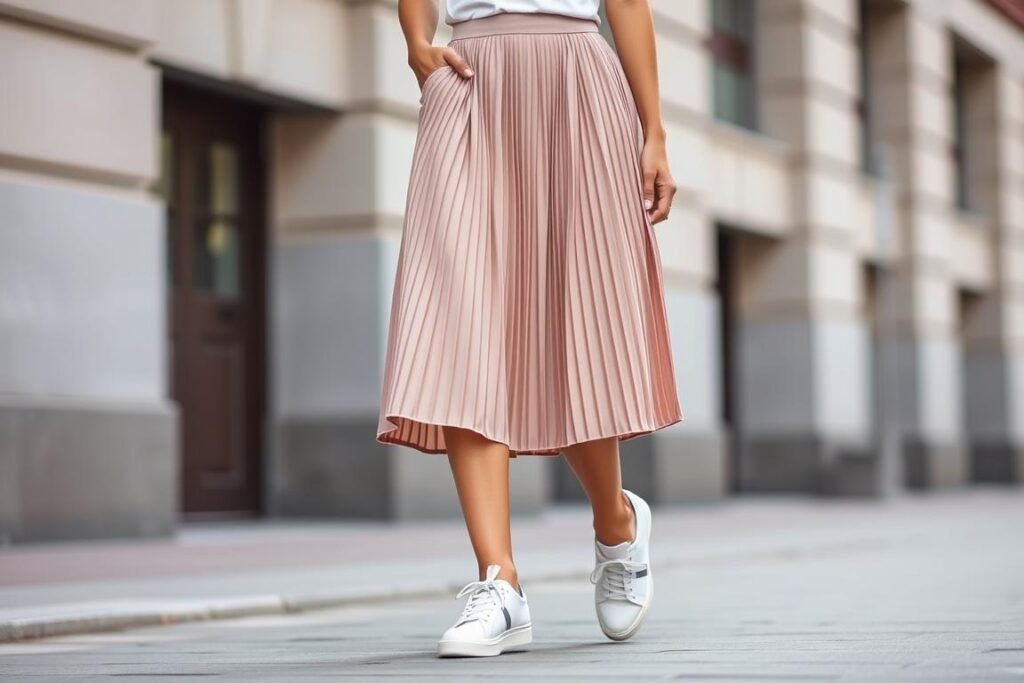 Woman wearing a midi skirt with white sneakers and a tucked-in top