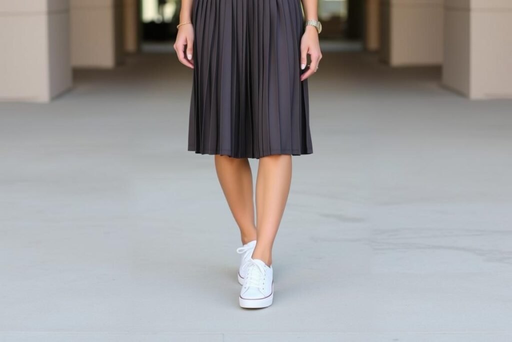 Woman wearing a pleated skirt with tennis shoes and a simple top