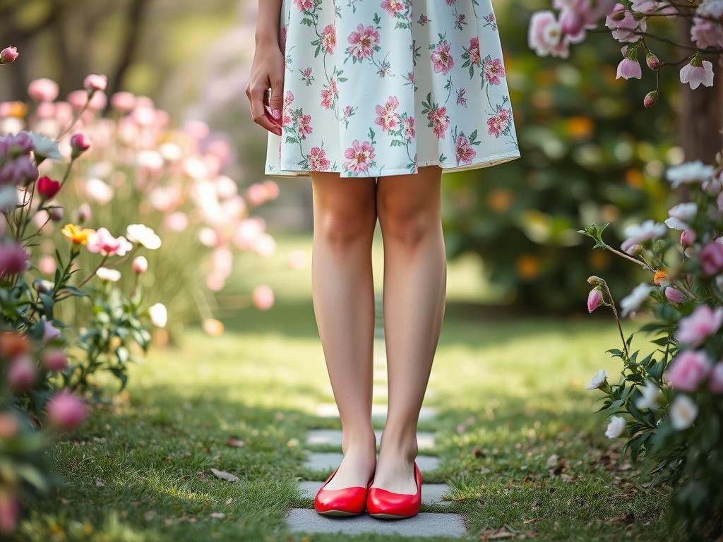 Woman wearing a spring floral dress paired with red ballet flats in a garden setting
