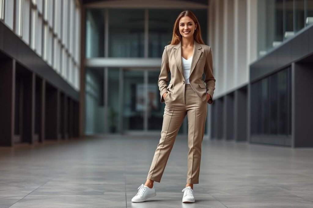 Woman wearing a tailored suit with tennis shoes