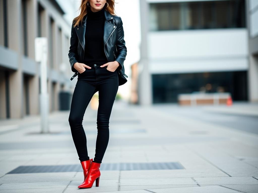 Woman wearing all black outfit with red ankle boots