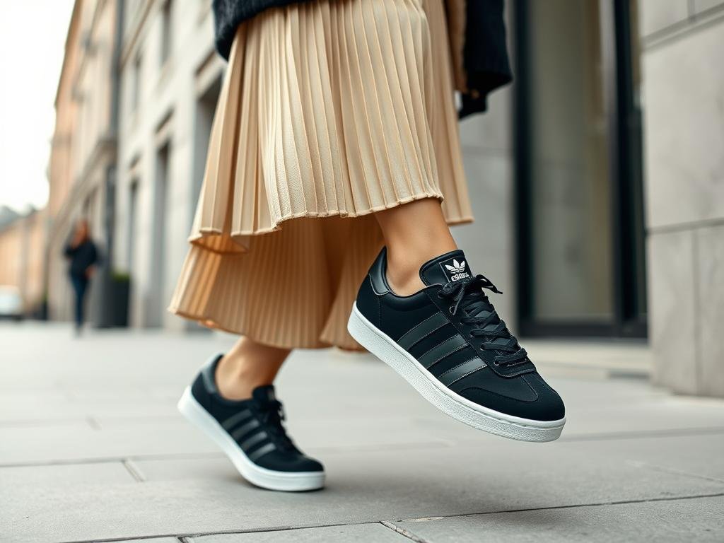 Woman wearing black Adidas Gazelles with a pleated midi skirt and oversized sweater for a feminine adidas shoes women outfit