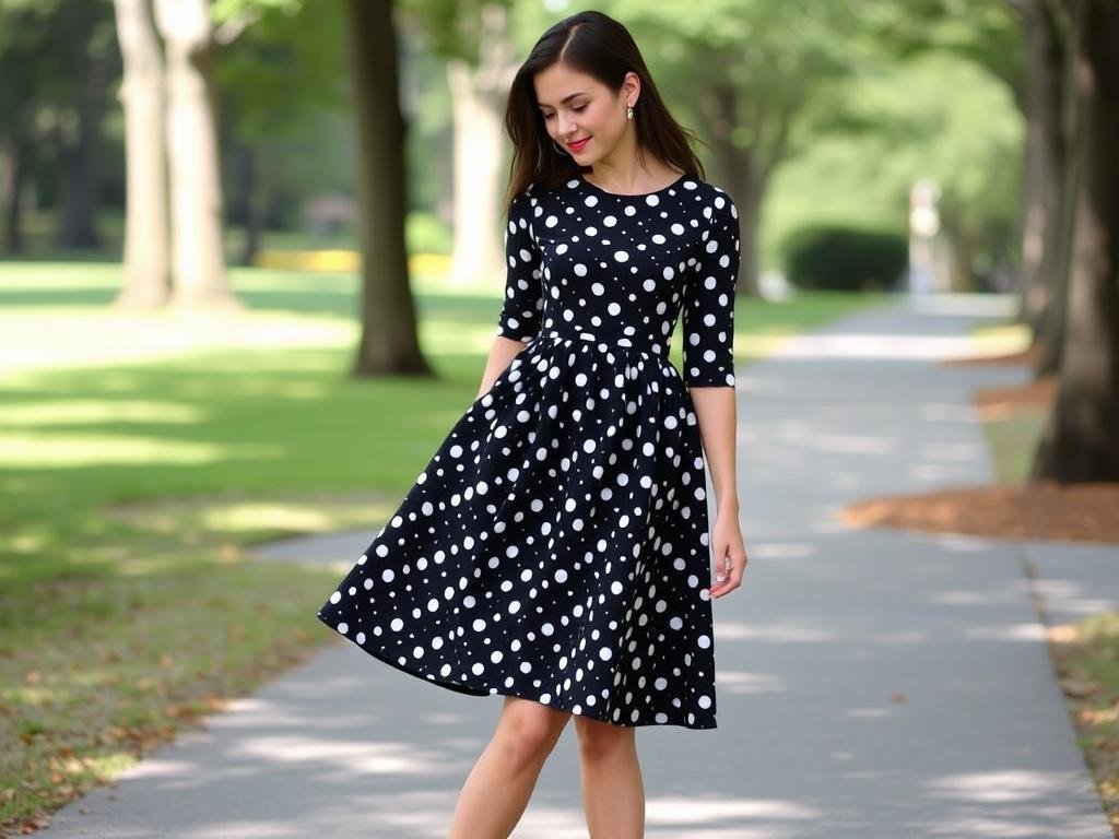 Woman wearing black and white polka dot dress with red ballet flats