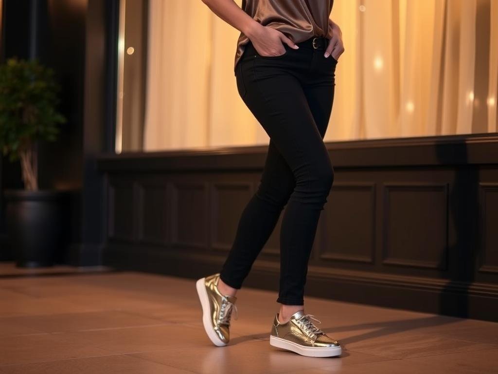 Woman wearing black jeans, stylish sneakers, and silk top for evening casual look