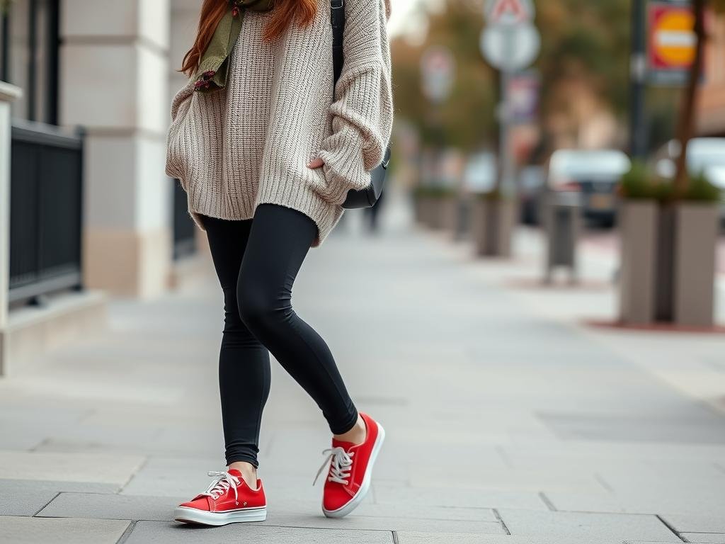 Woman wearing black leggings, oversized sweater and red sneakers