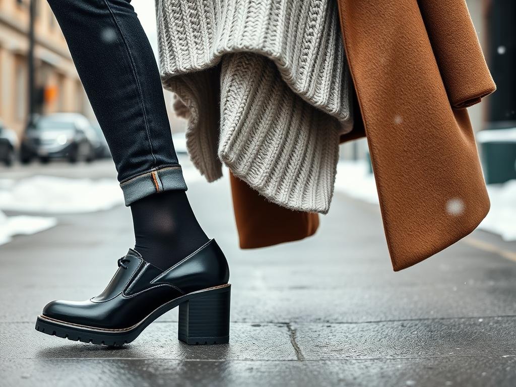 Woman wearing block heel mary jane shoes with dark jeans, black tights, and a wool coat