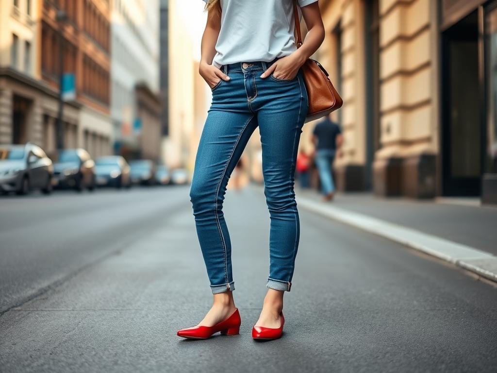 Woman wearing blue jeans, white t-shirt and red ballet flats