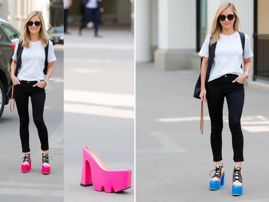Woman wearing bright funky platform shoes with a simple outfit, demonstrating how funky shoes can elevate a basic look