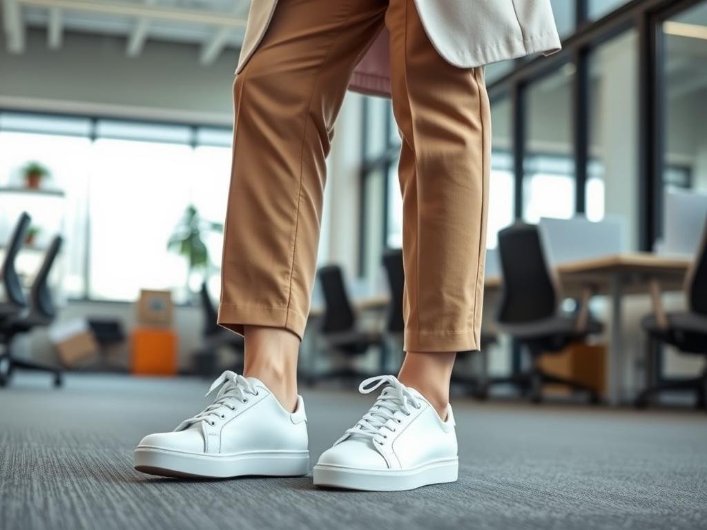 Woman wearing clean white tennis shoes with business casual outfit