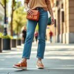 Woman wearing colorful Hoka Bondi shoes with stylish barrel jeans and matching accessories