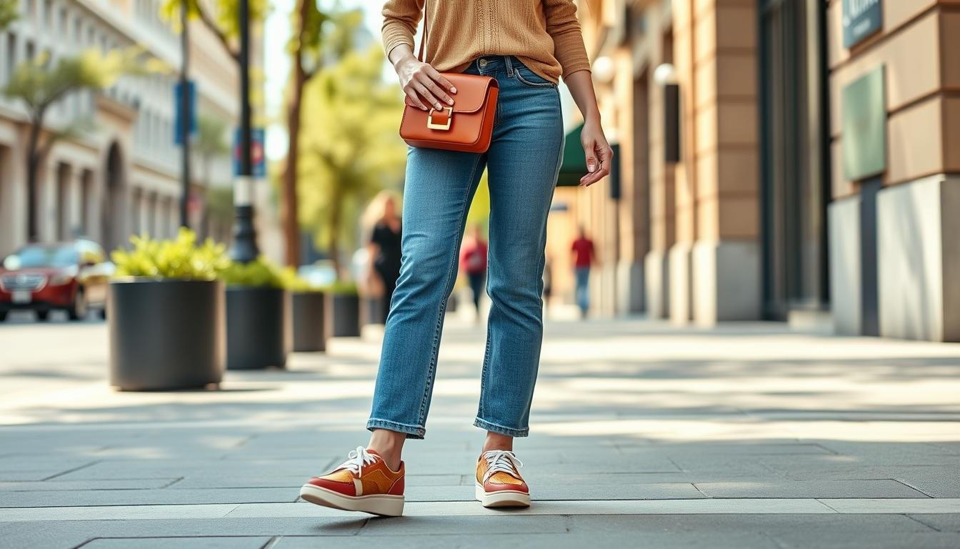 Woman wearing colorful Hoka Bondi shoes with stylish barrel jeans and matching accessories