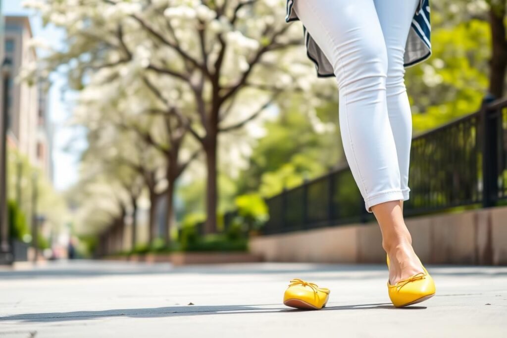Woman wearing colorful ballet flats with a summer outfit Woman wearing colorful ballet flats with a summer outfit