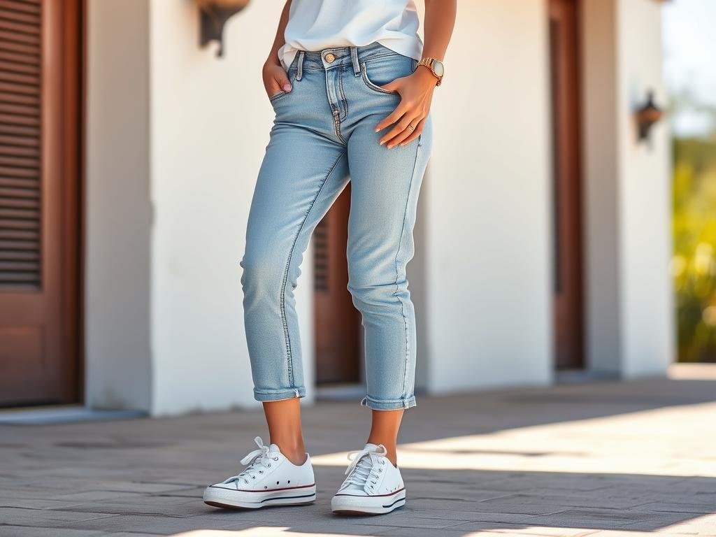 Woman wearing cropped light wash jeans with white sneakers and light top for summer