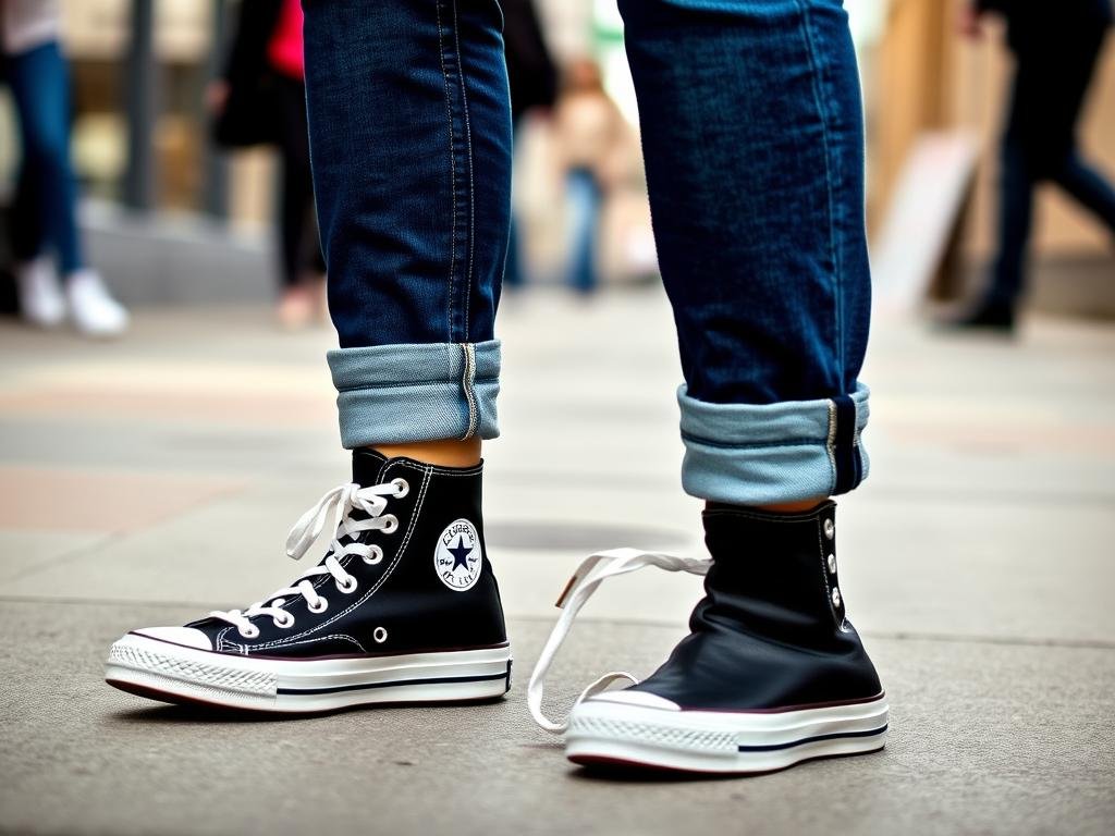 Woman wearing cuffed jeans with high-top sneakers showing ankle detail