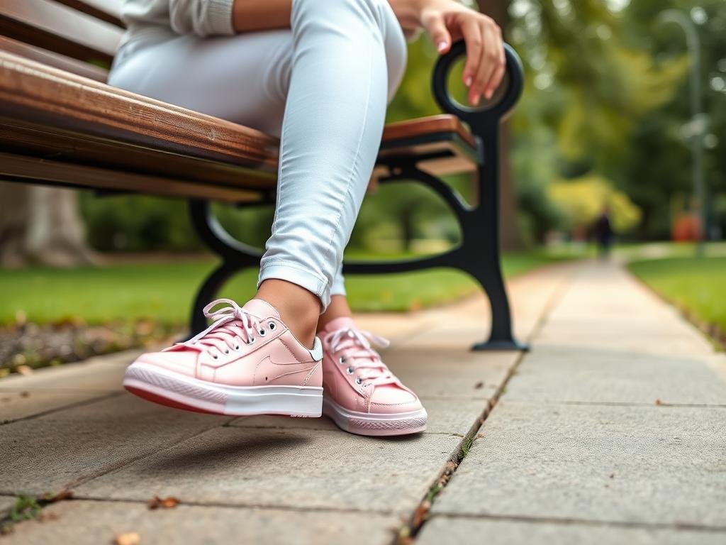 Woman wearing cute pastel pink tennis shoes with white jeans