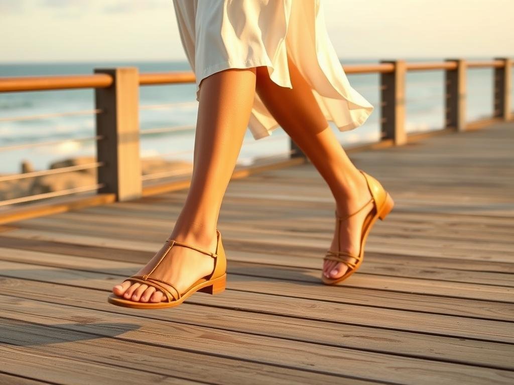 Woman wearing cute strappy summer sandals with a flowy dress Woman wearing cute strappy summer sandals with a flowy dress