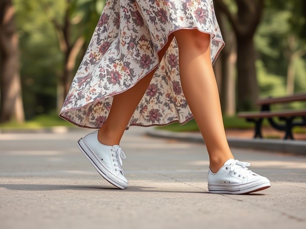 Woman wearing cute tennis shoes with a flowy midi dress