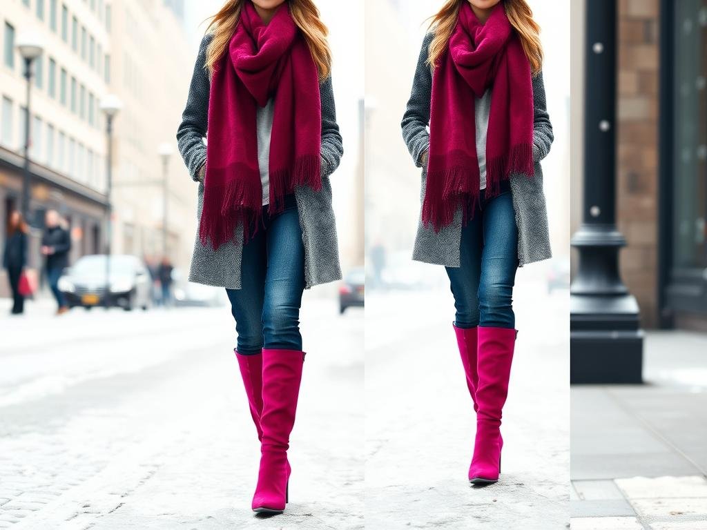 Woman wearing deep pink boots with a winter coat and scarf
