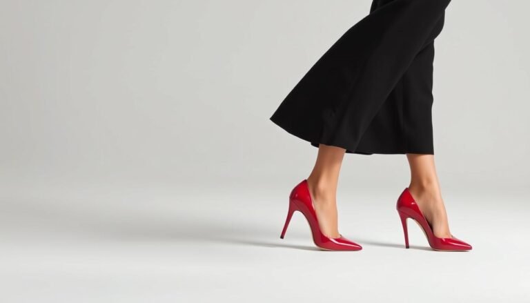 Woman wearing elegant red heels with a black dress, showcasing how red shoes can be a statement piece