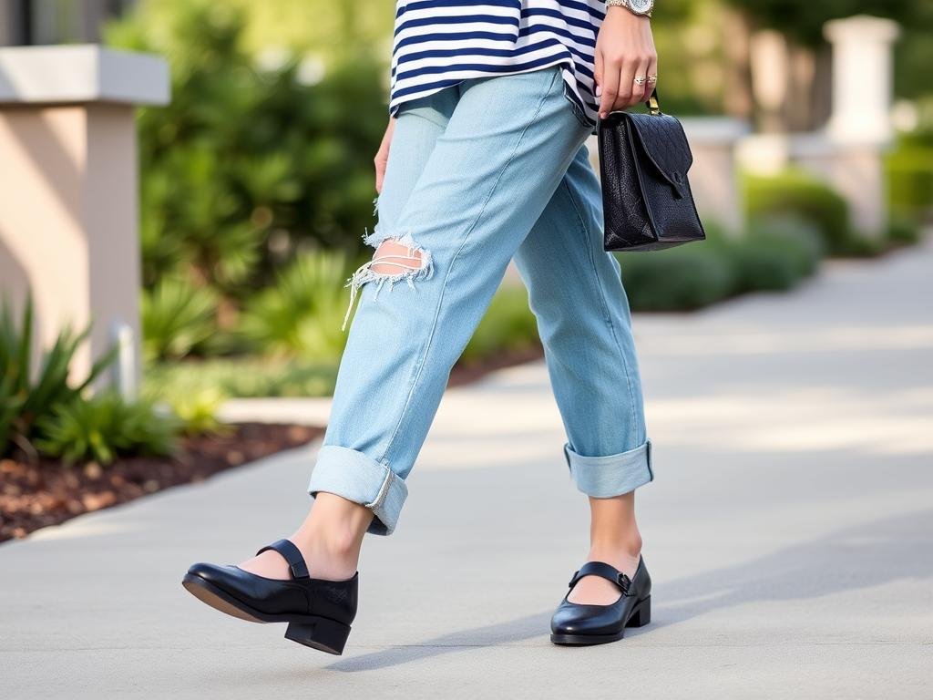 Woman wearing flat mary jane shoes with cuffed boyfriend jeans and a striped t-shirt