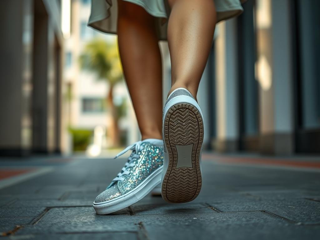 Woman wearing glitter tennis shoes with a casual dress