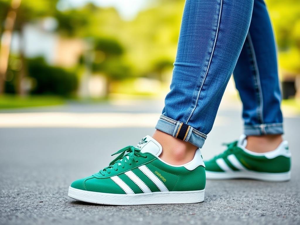 Woman wearing green Adidas Gazelle sneakers with blue jeans and white t-shirt