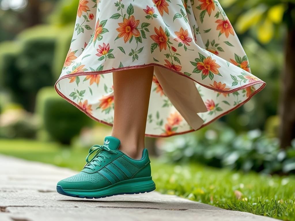 Woman wearing green Adidas sneakers with a flowing midi dress