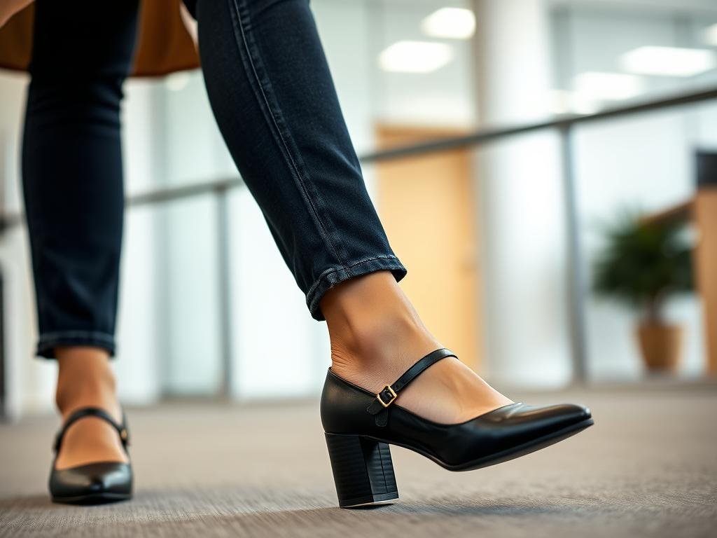 Woman wearing heeled mary jane shoes with dark wash jeans and a white button-down shirt