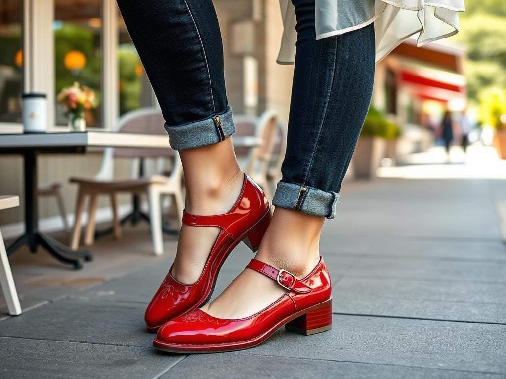 Woman wearing patent mary jane shoes with cropped jeans and a blouse