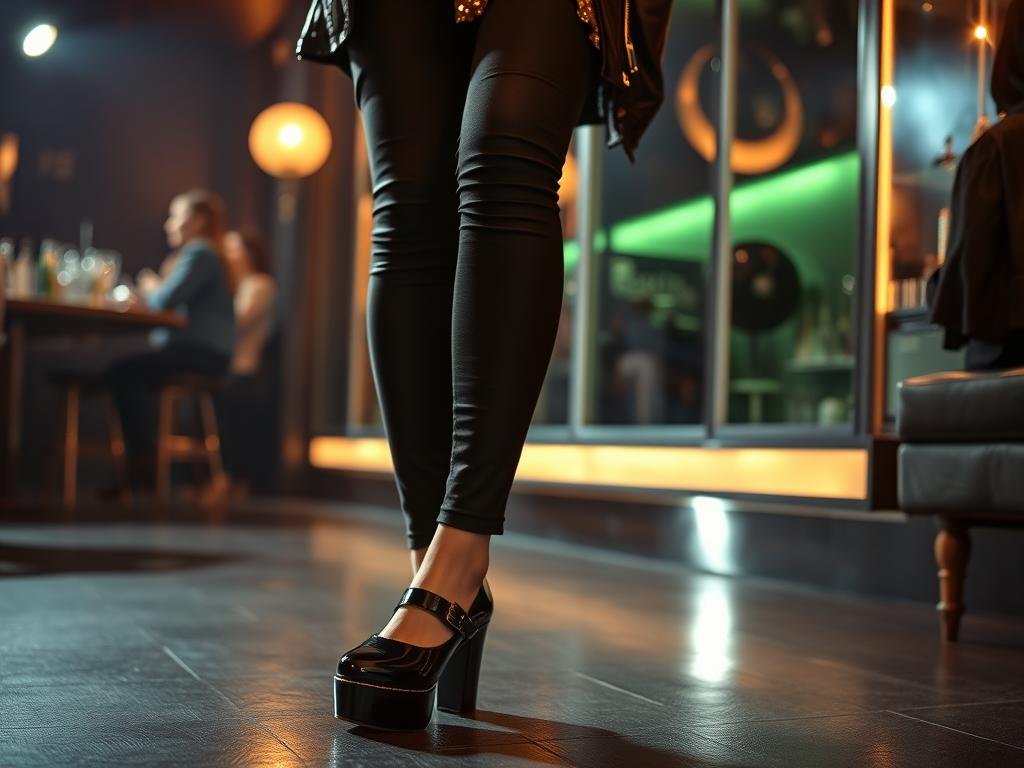 Woman wearing patent platform mary jane shoes with dark skinny jeans and a sequined top