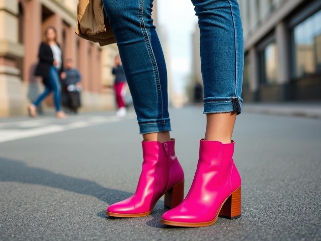 Woman wearing pink ankle boots with cropped jeans to showcase the boots