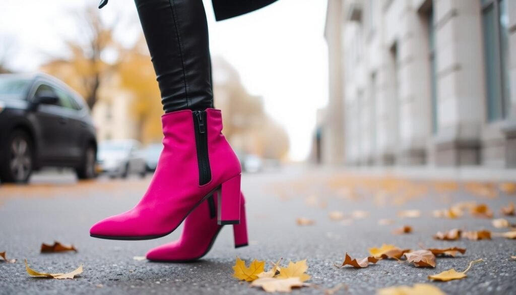 Woman wearing pink ankle boots with jeans and a leather jacket for an edgy fall look