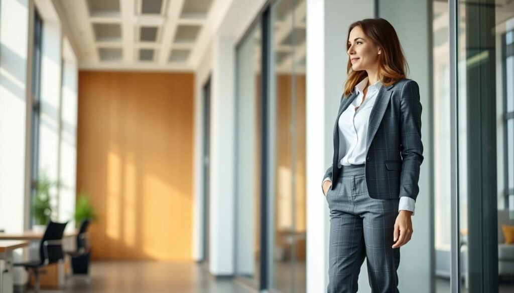Woman wearing pink ballet flats with business casual outfit in office setting