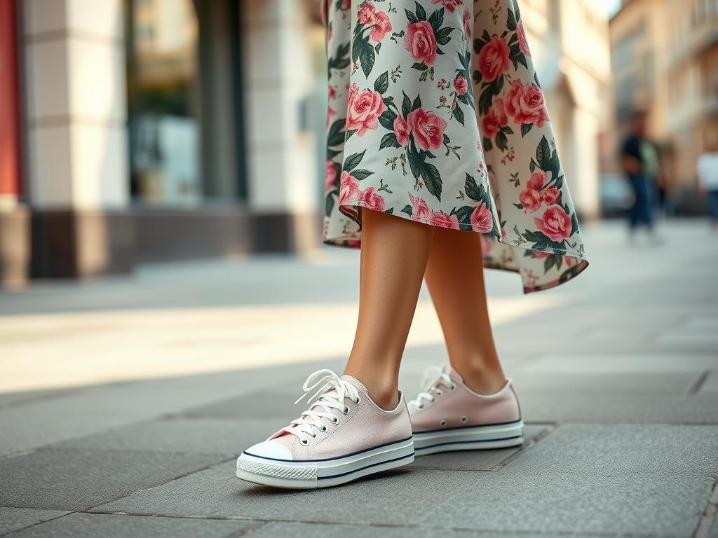 Woman wearing pink canvas sneakers with a casual midi dress for a comfortable yet feminine outfit
