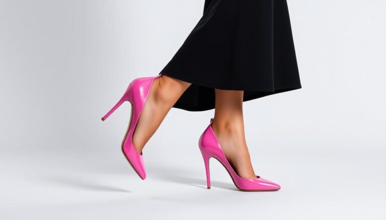 Woman wearing pink heels with a black dress, showcasing how pink shoes can elevate a simple outfit