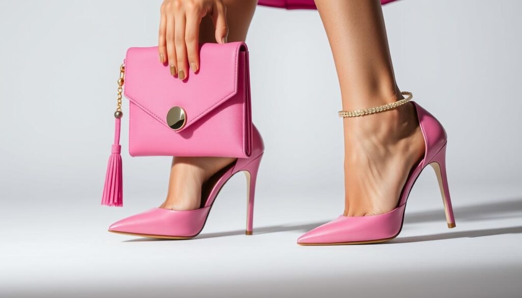 Woman wearing pink heels with coordinated accessories including a handbag and jewelry