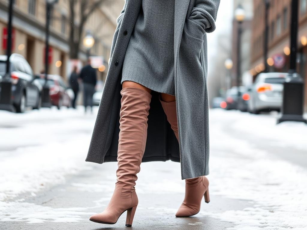 Woman wearing pink knee-high boots with a sweater dress for a chic winter outfit