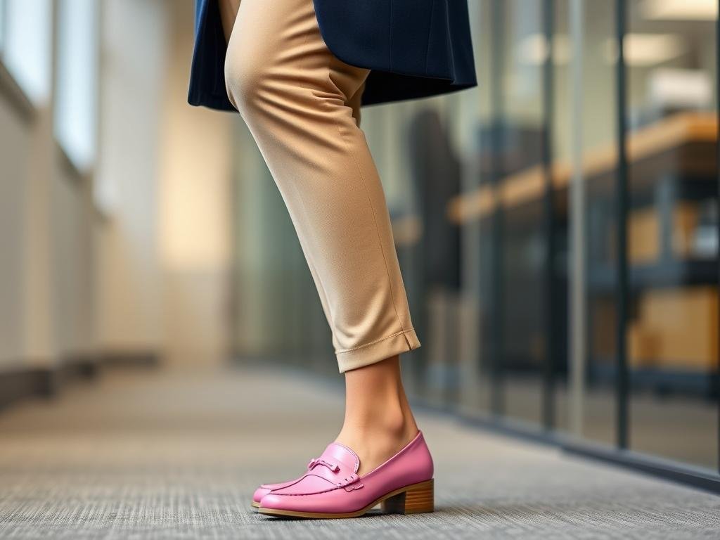 Woman wearing pink loafers with tailored pants and a blazer for a business casual look