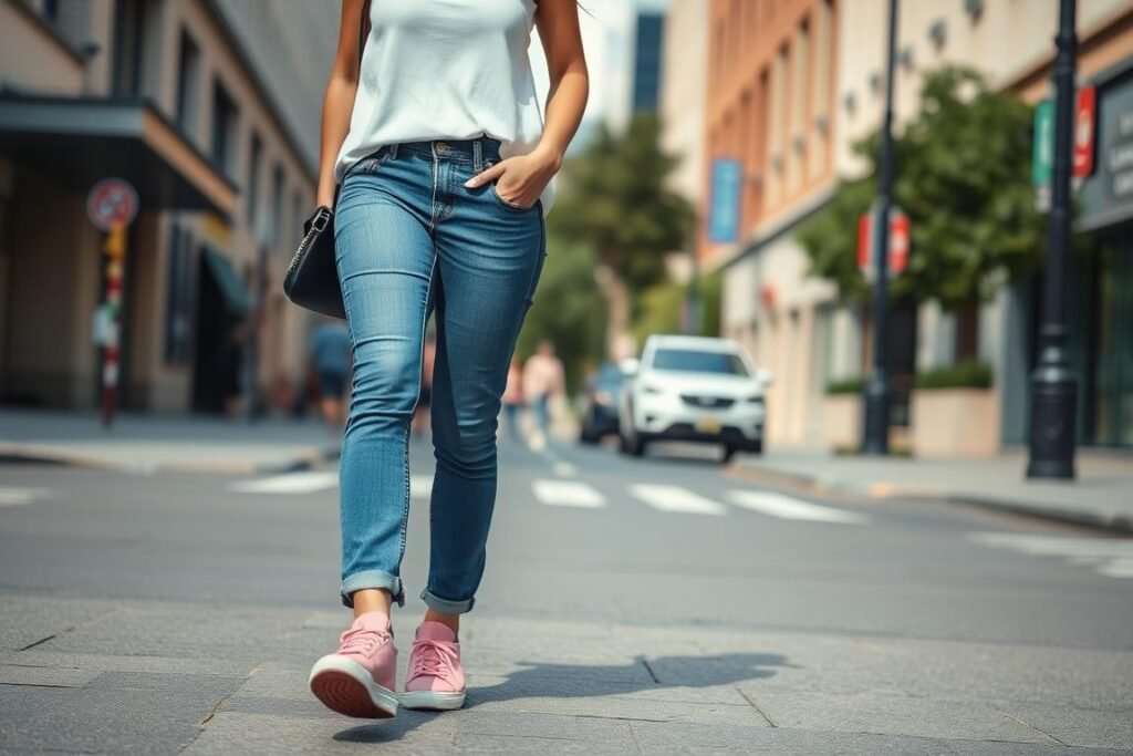 Woman wearing pink sneakers with casual outfit walking on city street