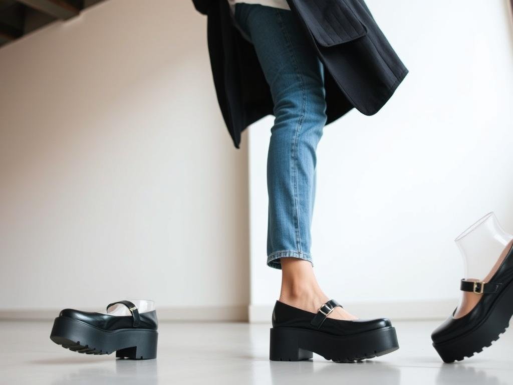 Woman wearing platform mary jane shoes with straight-leg jeans and a blazer
