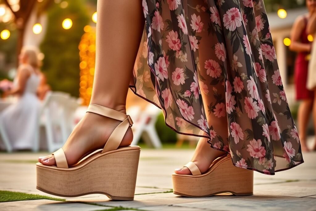 Woman wearing platform sandals with a summer dress at an outdoor event Woman wearing platform sandals with a summer dress at an outdoor event