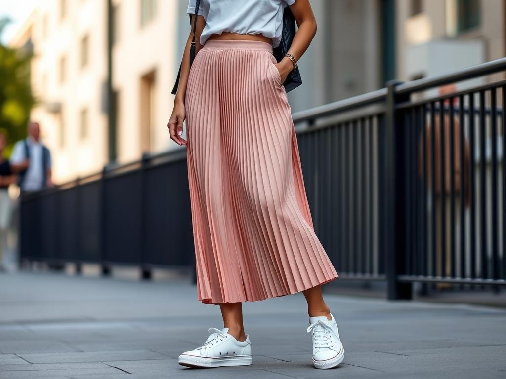 Woman wearing pleated skirt with tennis shoes